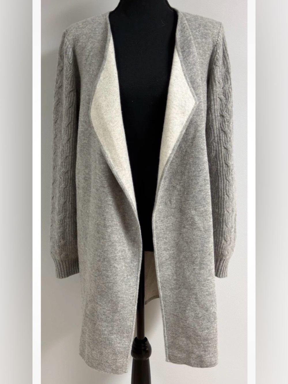Sofia Cashmere Gray Cable Knit Long Cardigan 100% Cashmere Size M
